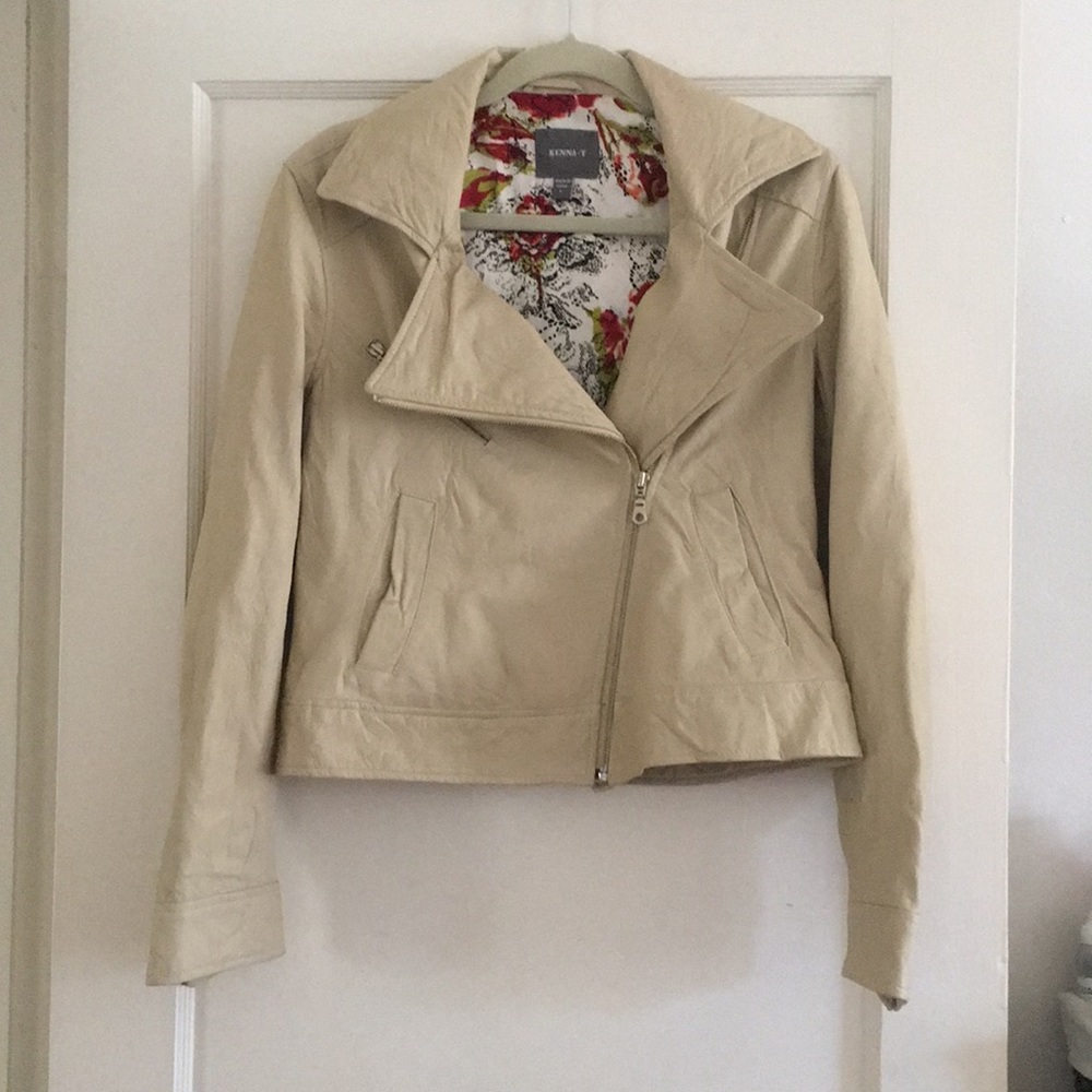Genuine Leather Moto Jacket- Cream- Kenna T